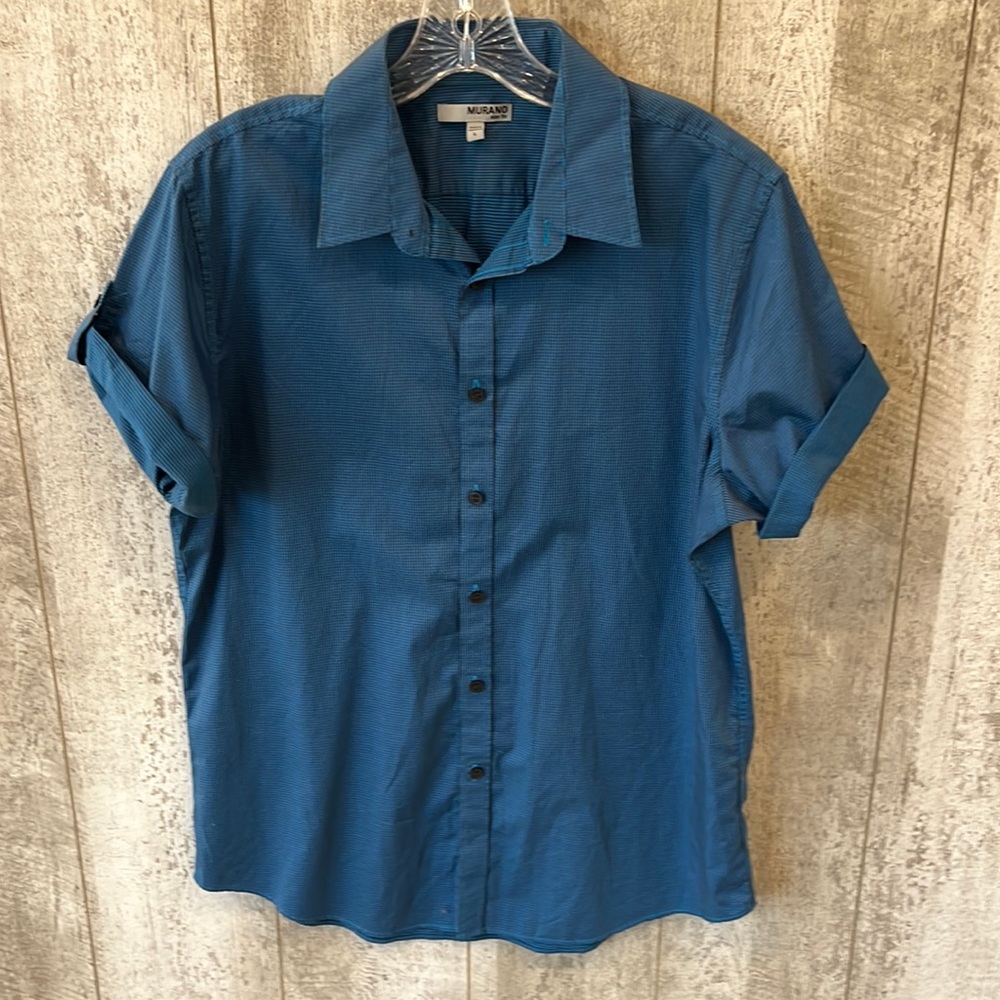 Murano Blue Burgundy Short Sleeved Button-up Dress Shirt Large Slim Fit